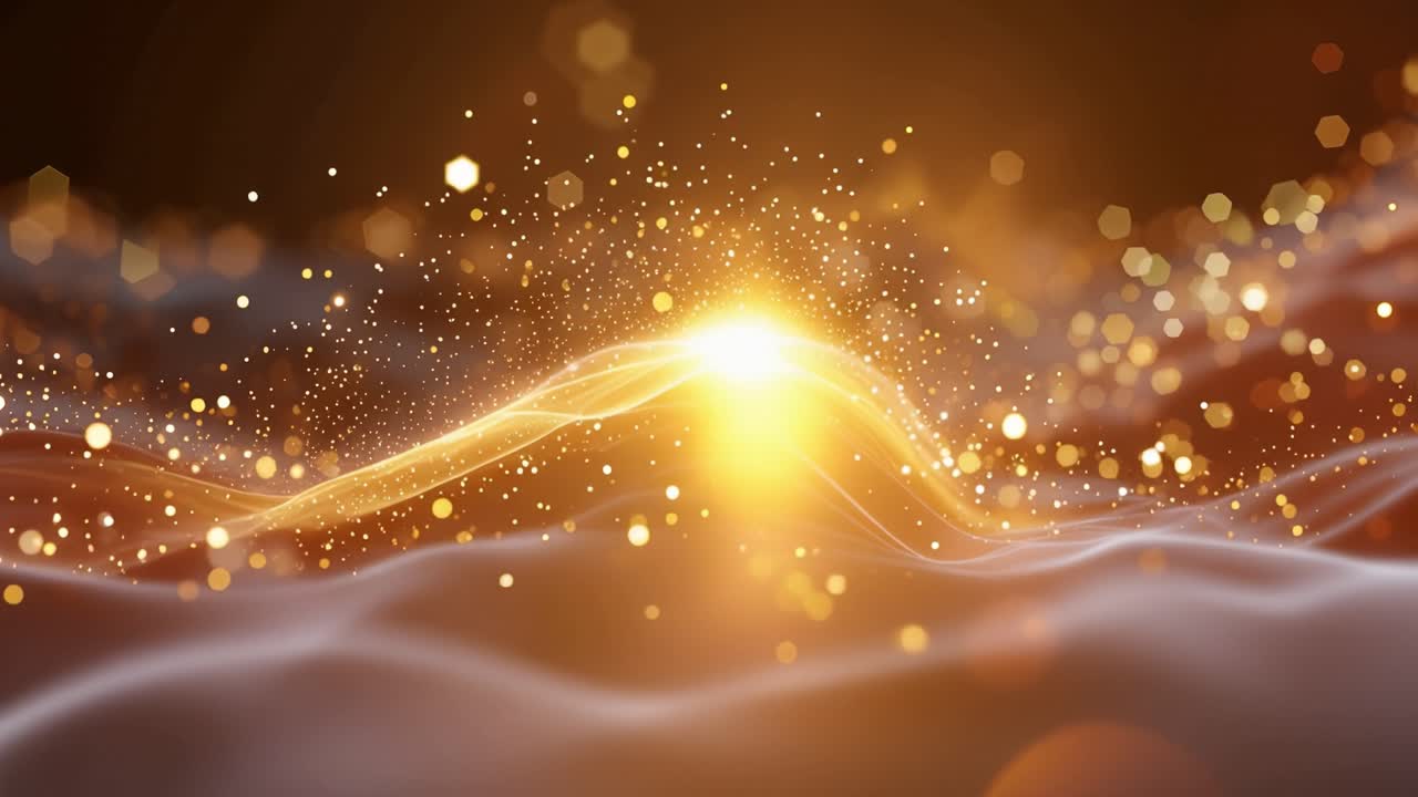 Luce dorata scorre attraverso onde scure. Esplosioni di scintille fluttuano dolcemente nell'aria. Un'energia misteriosa e serena brilla sotto. Ideale per temi di lusso, innovazione o celebrazione.