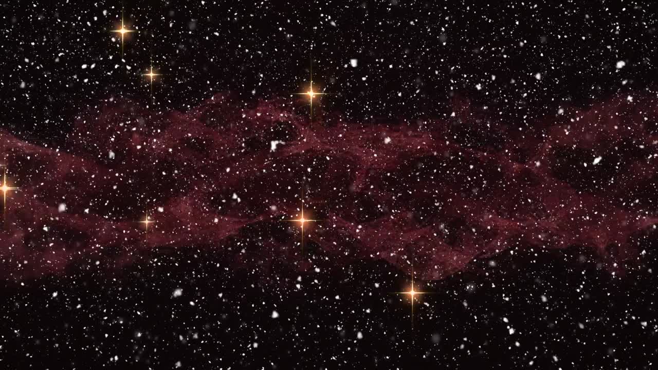 빨간색 디지털 파도와 검은색 배경에 황금 빛나는 별 위에 눈이 내리고 있습니다.