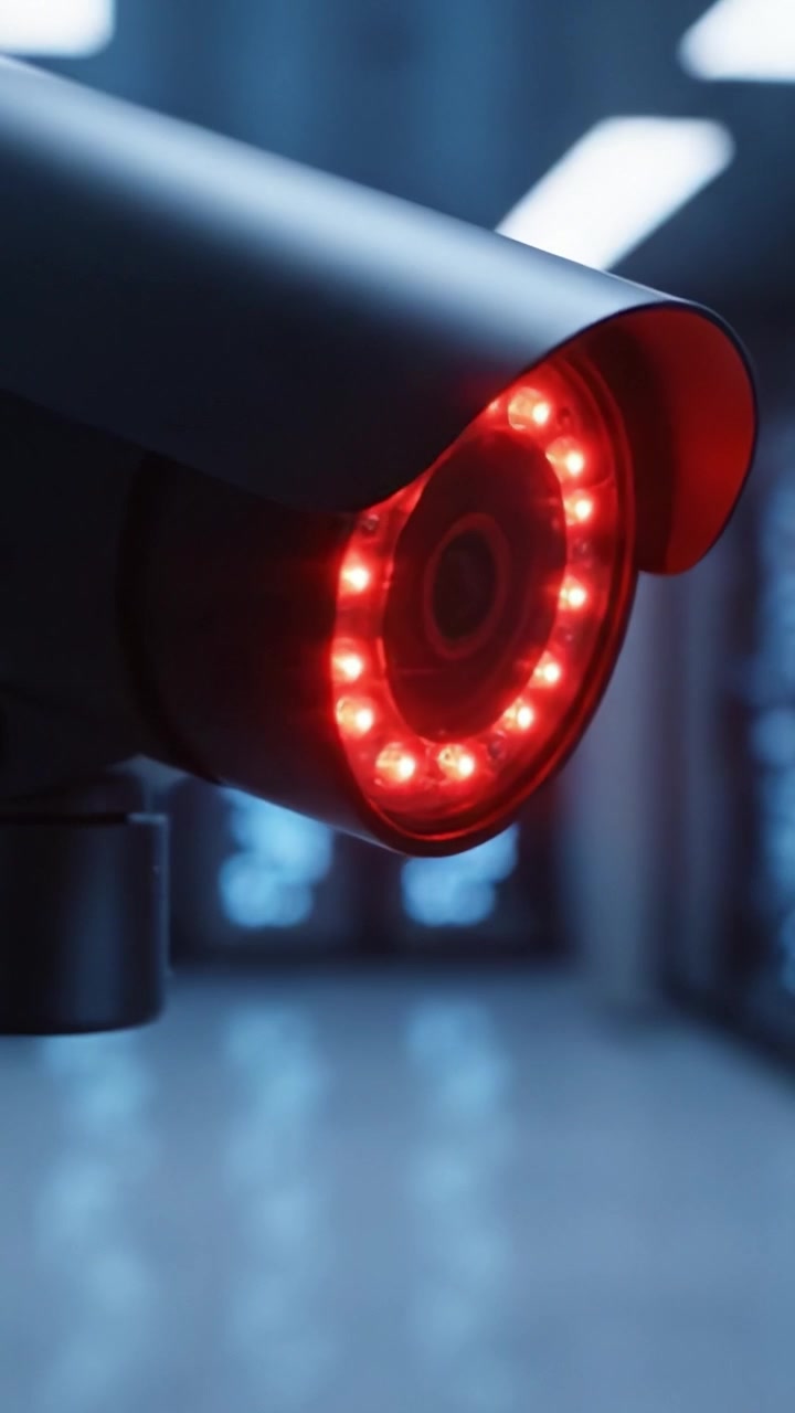 Vista ravvicinata di una telecamera di sicurezza illuminata con LED rossi, che evidenzia le sue capacità di sorveglianza e le caratteristiche ad alta tecnologia in un ambiente contemporaneo