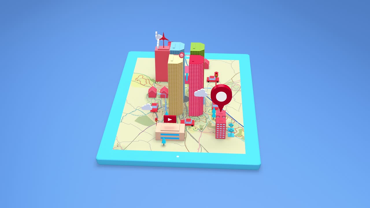 el concepto de ciudad inteligente 3d isométrica de dibujos animados. vida futurista en tableta inteligente.