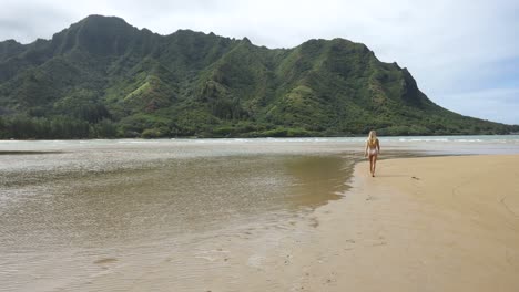 beautiful woman on breathtaking pristine beach on island of oahu, hawaii