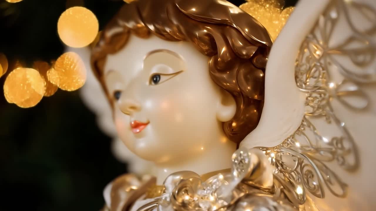 primer plano de un ornamento de ángel dorado y blanco en un árbol de navidad