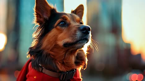 a small dog wearing a red cape standing in the middle of a city