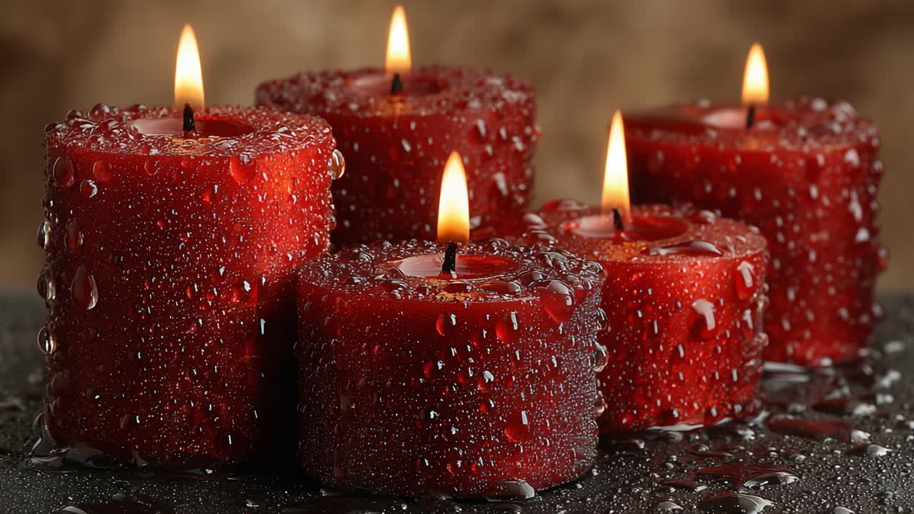 Un'affascinante esposizione di candele rosse luminose: la luce calda e la superficie bagnata dalla pioggia creano un'atmosfera accogliente perfetta per il relax e la riflessione.