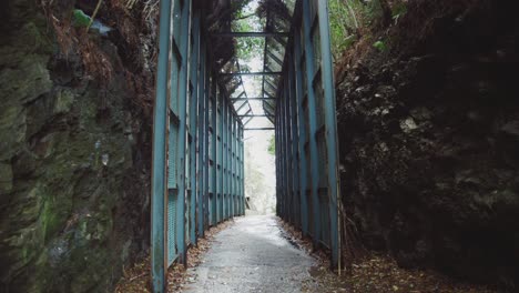 metal bridge through rocky passageway surrounded by lush greenery in saikazaki, japan