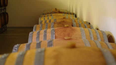 a wine cellar with multiple rows of light wooden barrels containing wine