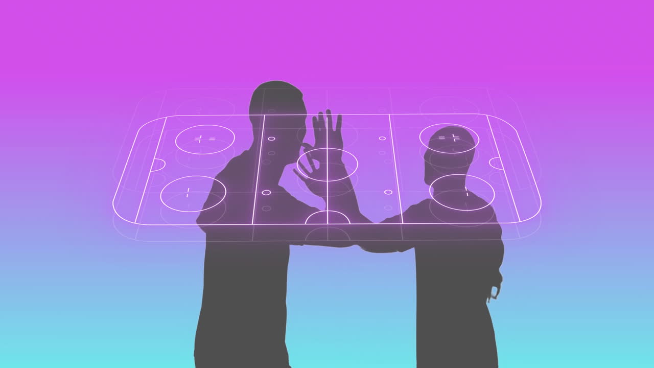Interacting with digital animation, silhouettes on colorful gradient hockey rink background
