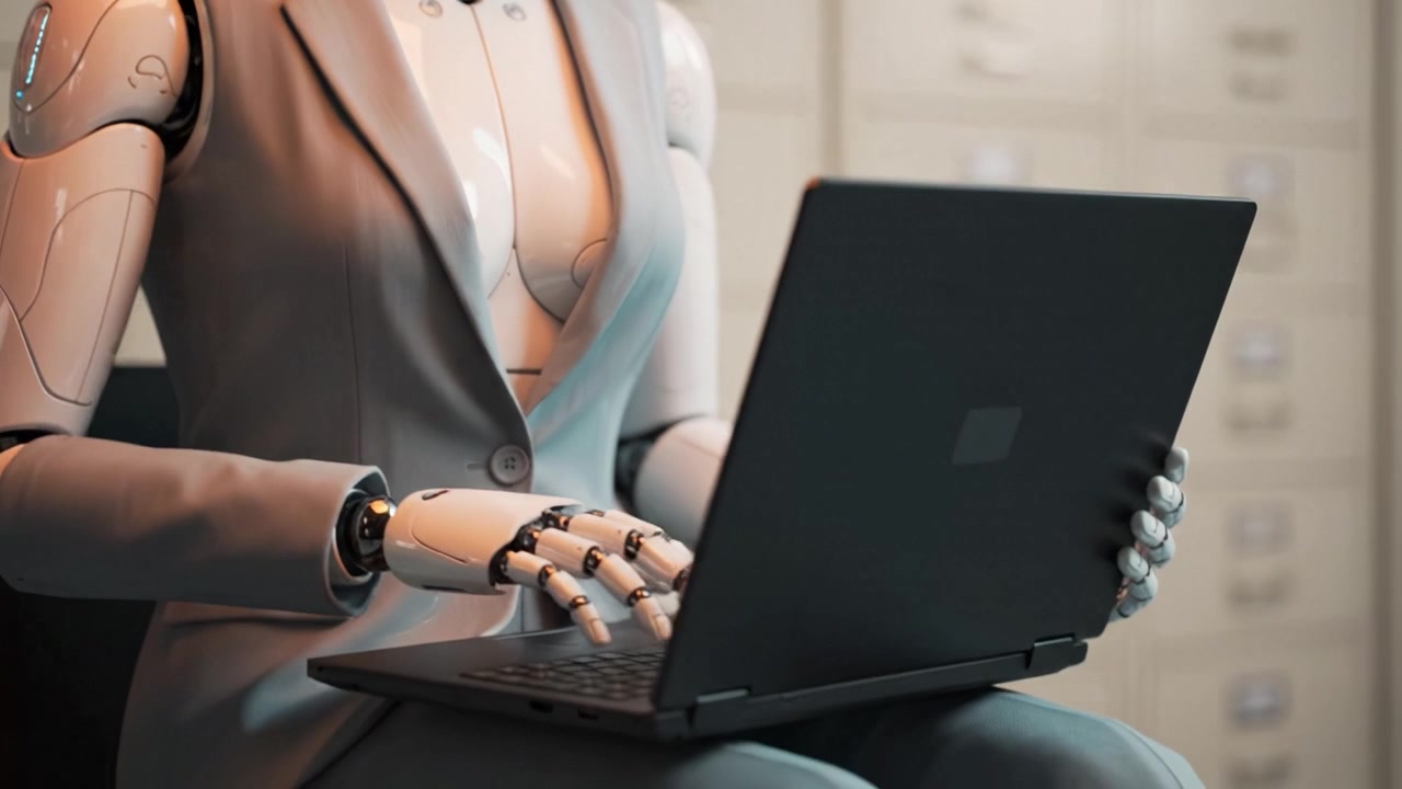 Ein humanoider Roboter im Business-Anzug interagiert mit einem Laptop in einer modernen Büroumgebung, was die Zukunft von Technologie und künstlicher Intelligenz in der Produktivität aufzeigt
