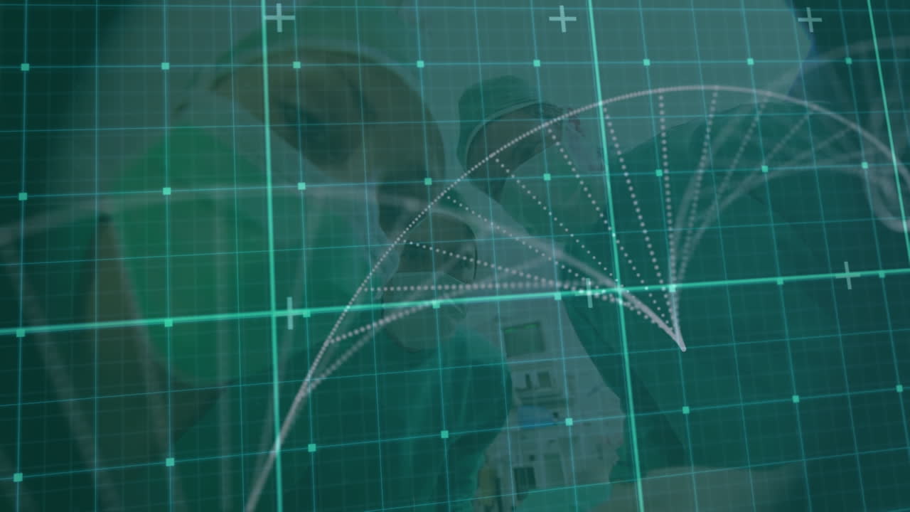 백인 의사들이 수술 후 환자를 깨우는 디지털 화면의 애니메이션