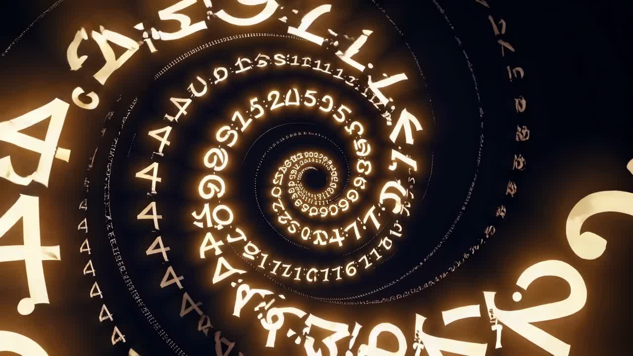 Golden Fibonacci Spiral rotating clockwise with cryptic numbers and letters, generating six slightly different compositions on a black background