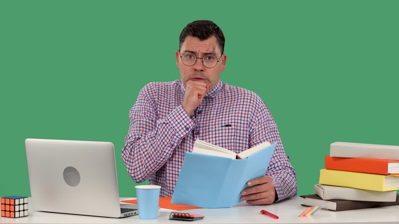 un hombre con gafas se sienta en un escritorio frente a una computadora portátil y lee un libro, se estremece, pone el puño en la barbilla, preguntándose qué ha leído. un hombre en el estudio en una pantalla verde. cámara lenta.
