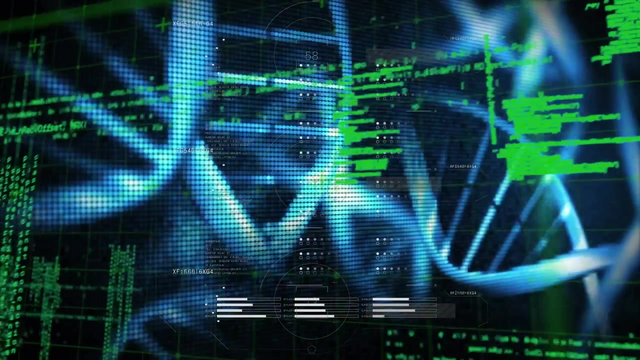 Animation of data processing over grid network against dna structures spinning on black background
