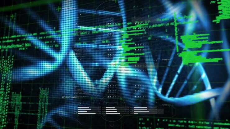 Animation of data processing over grid network against dna structures spinning on black background