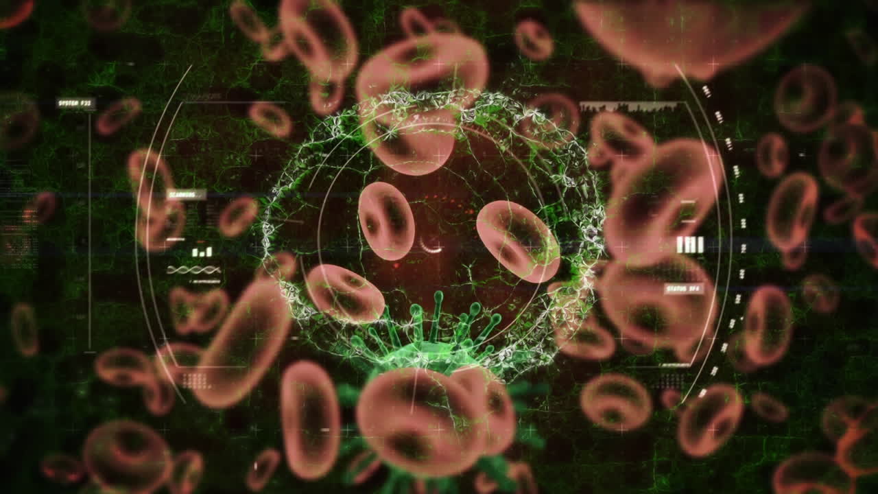 animación de escaneo de alcance y cerebro humano girando sobre las células de covid-19 flotando