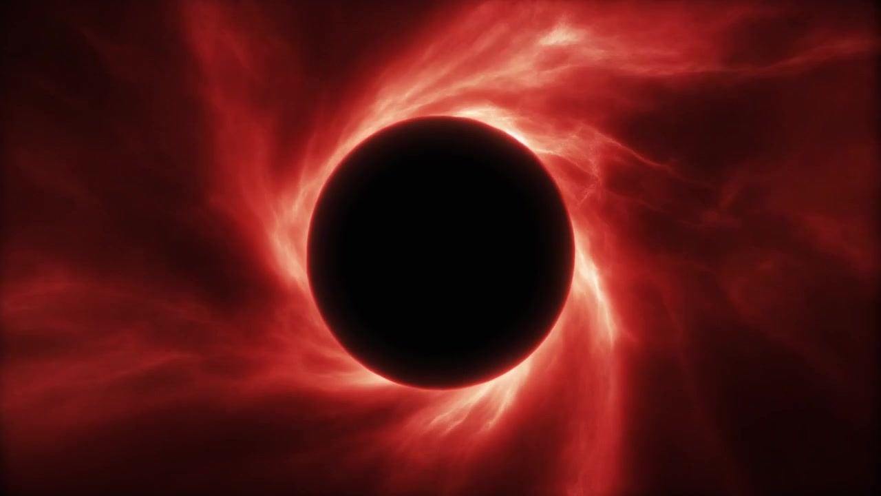 Abstract Animation of a Black Hole Surrounded by Glowing Red Nebula Clouds