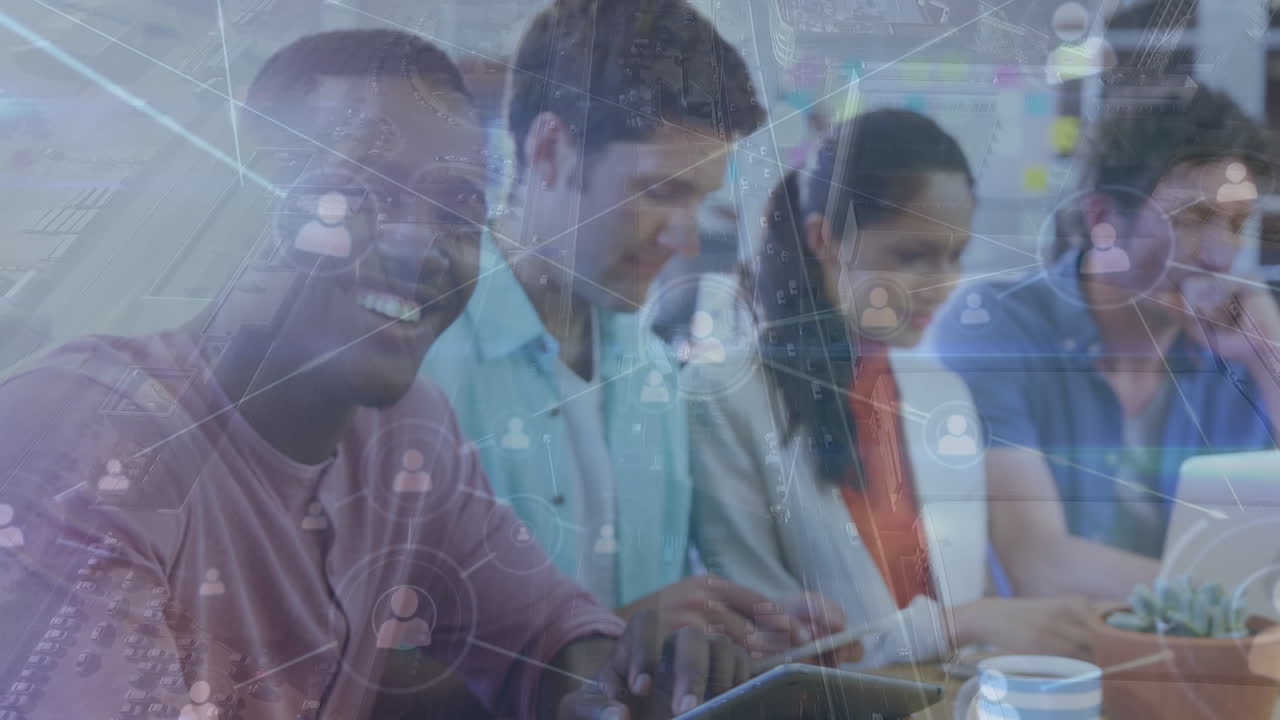 Animation of connections over happy diverse female and male coworkers in office