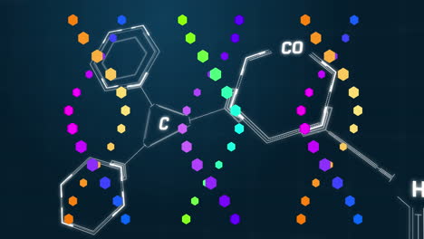estructuras de adn coloridas que giran sobre estructuras químicas contra un fondo azul