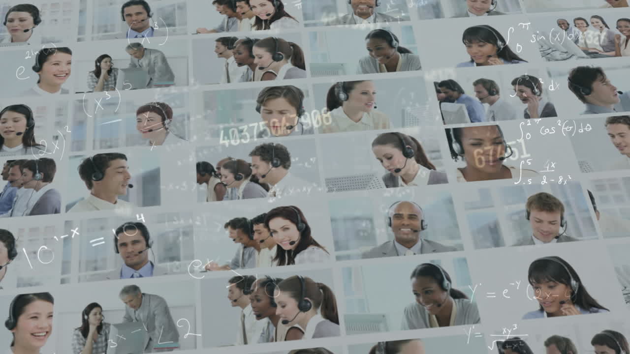 전화 헤드 ⁇ 을 착용 한 사업가 들 위 에서 번호 를 바꾸는 애니메이션