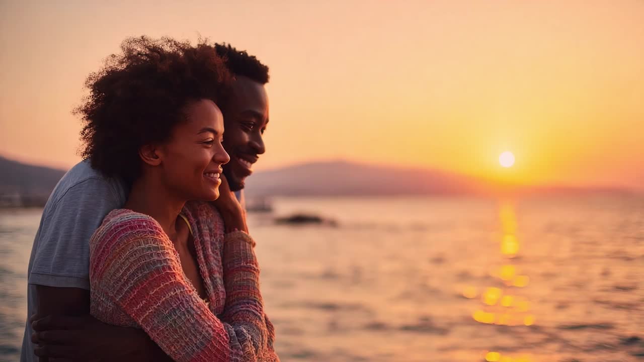 Couple enjoys sunset together by the tranquil waterfront