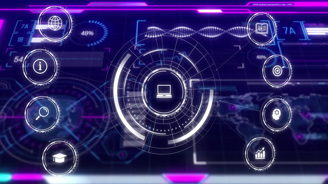 Displaying technology icons and data analytics, futuristic digital interface in use