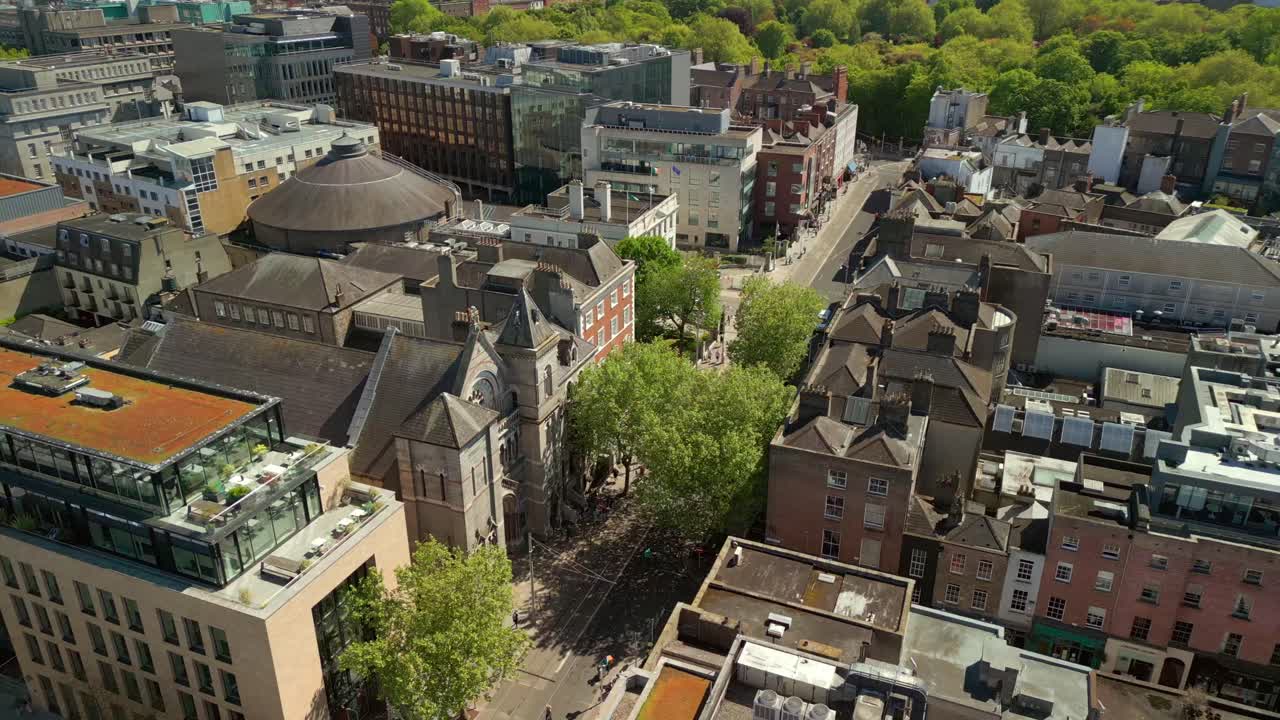 Reversing aerial video of St Ann's Church in Dublin City Centre, Ireland on a bright and sunny day. Filmed in 4K, 60FPS and with Rec709 color.
