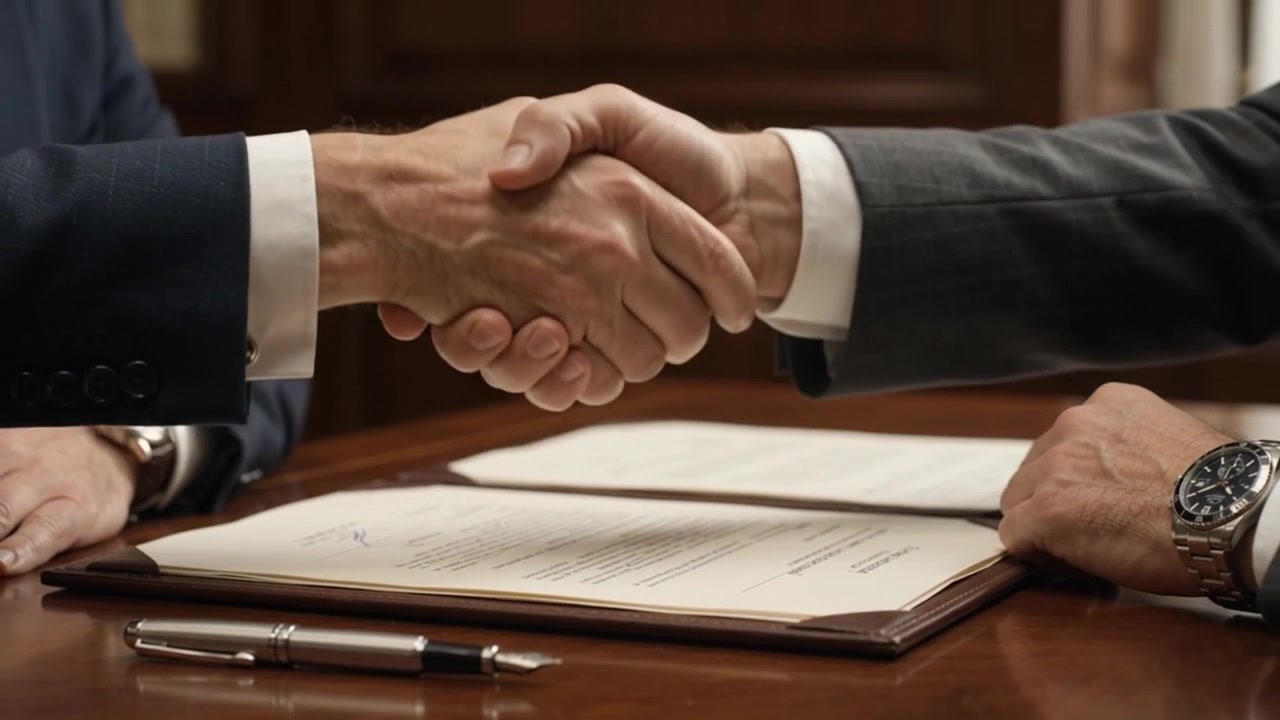 Uomini d'affari che si stringono la mano su un contratto firmato alla scrivania