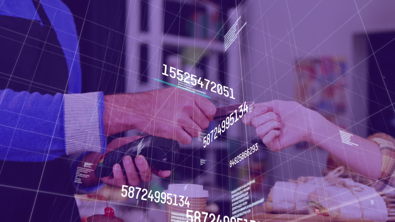 결제 터미널을 사용하는 백인 여성의 손 위에서 숫자를 바꾸는 애니메이션