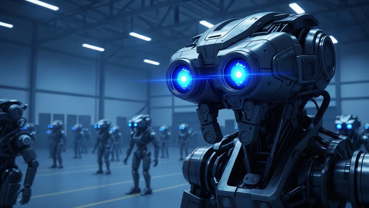 A Group of Advanced Robots with Glowing Blue Eyes in a High-Tech Warehouse Setting, Showcasing Futuristic Technology and Design in a Lively Environment