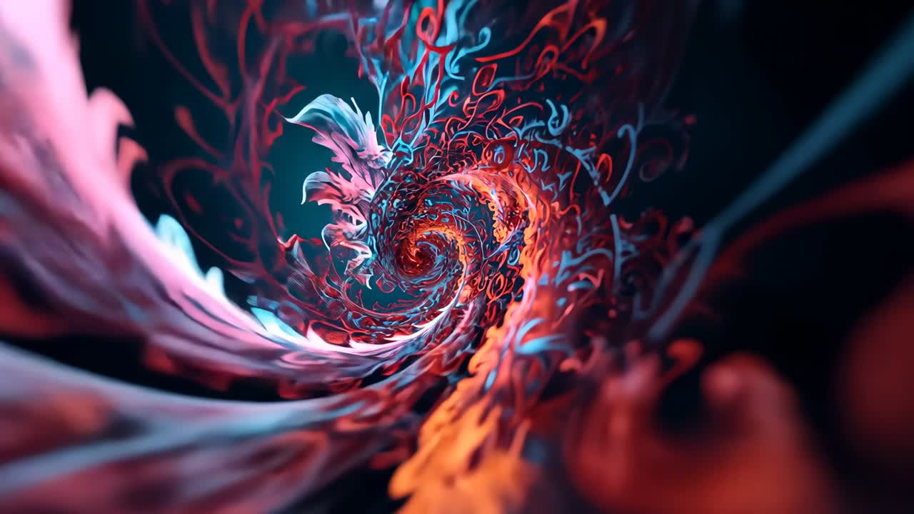 Moving camera slowly forward into fractal spiral tunnel, unfolding tendrils in red orange pink teal