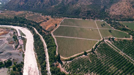 Luftaufnahme-Eines-Kleinen-Flusses,-Der-Die-Großen,-Gesunden-Weinberge-Im-Maipo-Canyon,-Chile,-Versorgt