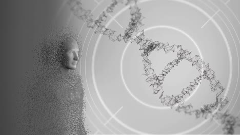 cadena de adn 3d y cuerpo humano en movimiento