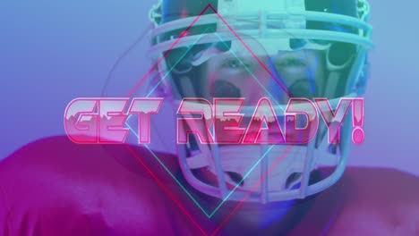 animation of get ready text and neon shapes over american football player on neon background