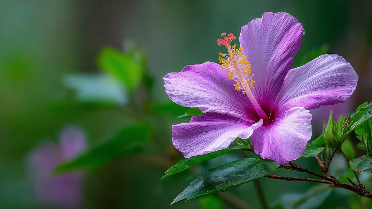 Splendida fioritura di ibisco catturata con dettagli vividi, mostrando petali delicati e colori vivaci tra una lussureggiante vegetazione sullo sfondo