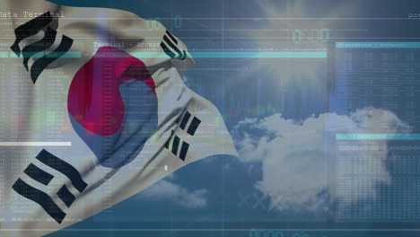 animation of south korean flag waving against skyscape with cloud, sound waves and data