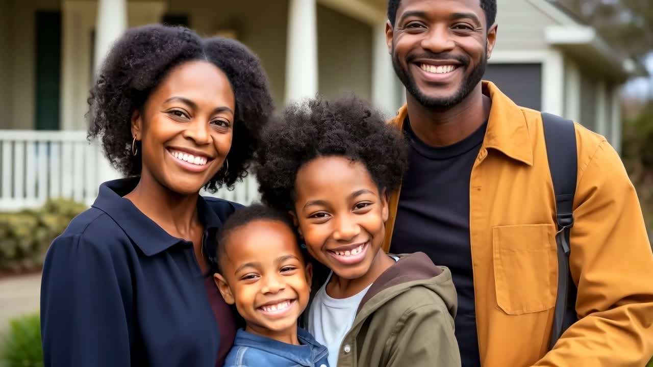 A warm family portrait with four smiling individuals outside a house