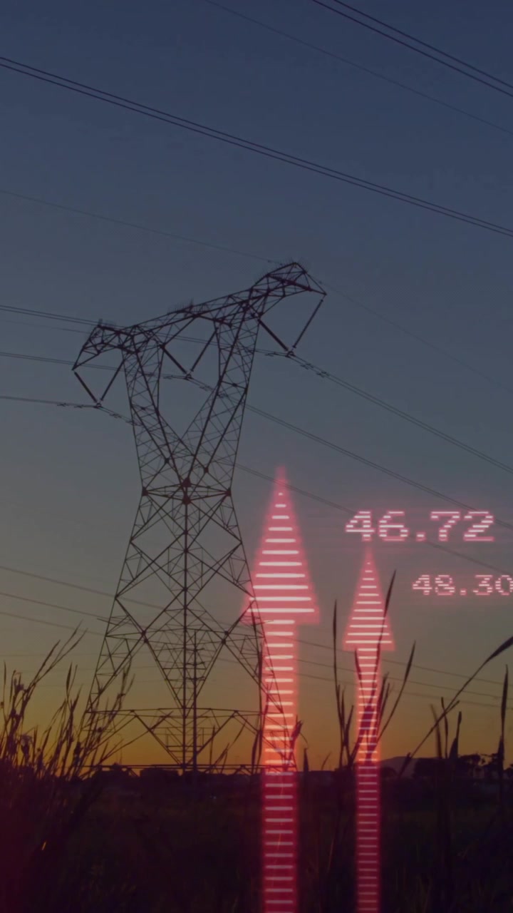 Electricity pylons at sunset with data processing animation over landscape