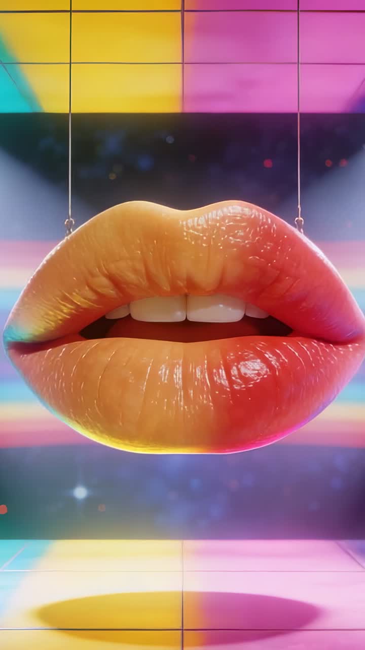 Labbra lucide che iniziano a muoversi con un cambio di luce che rivela un'apertura fluttuante, mentre bande al neon si spostano mostrando un design.