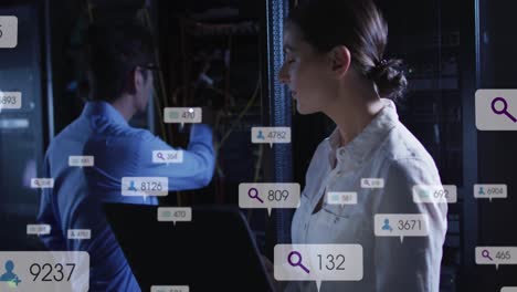 Animation-of-notification-bars-over-diverse-engineers-checking-data-server-system-using-laptop