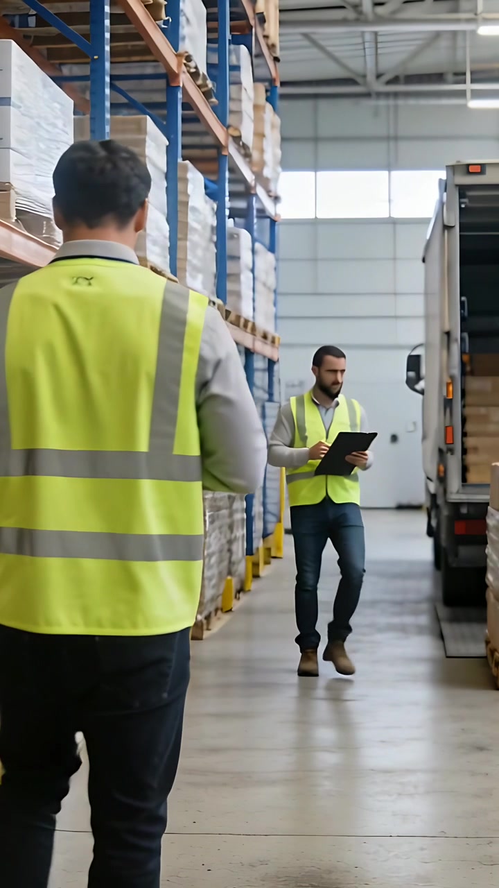 Video verticale: Lavoratore in alta visibilità cammina verso un camion, usando tablet e scanner per controllare i pallet, con spazio per il testo.