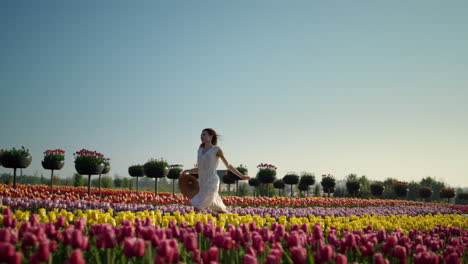 mujer joven corriendo en el campo de tulipanes. niña moviéndose rápido en el jardín de flores.