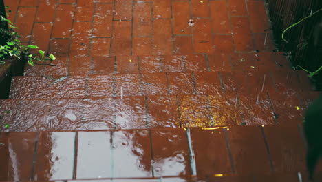 pasos de ladrillo rojo en el jardín bajo la lluvia