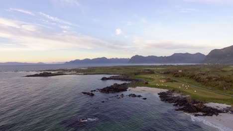 Aerial-of-a-shore-on-Lofoten,-Norway