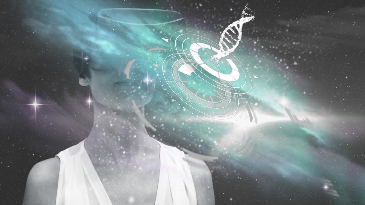 vr 헤드 ⁇ 을 사용하는 여성에 대한 우주와 별에 대한 의료 인터페이스