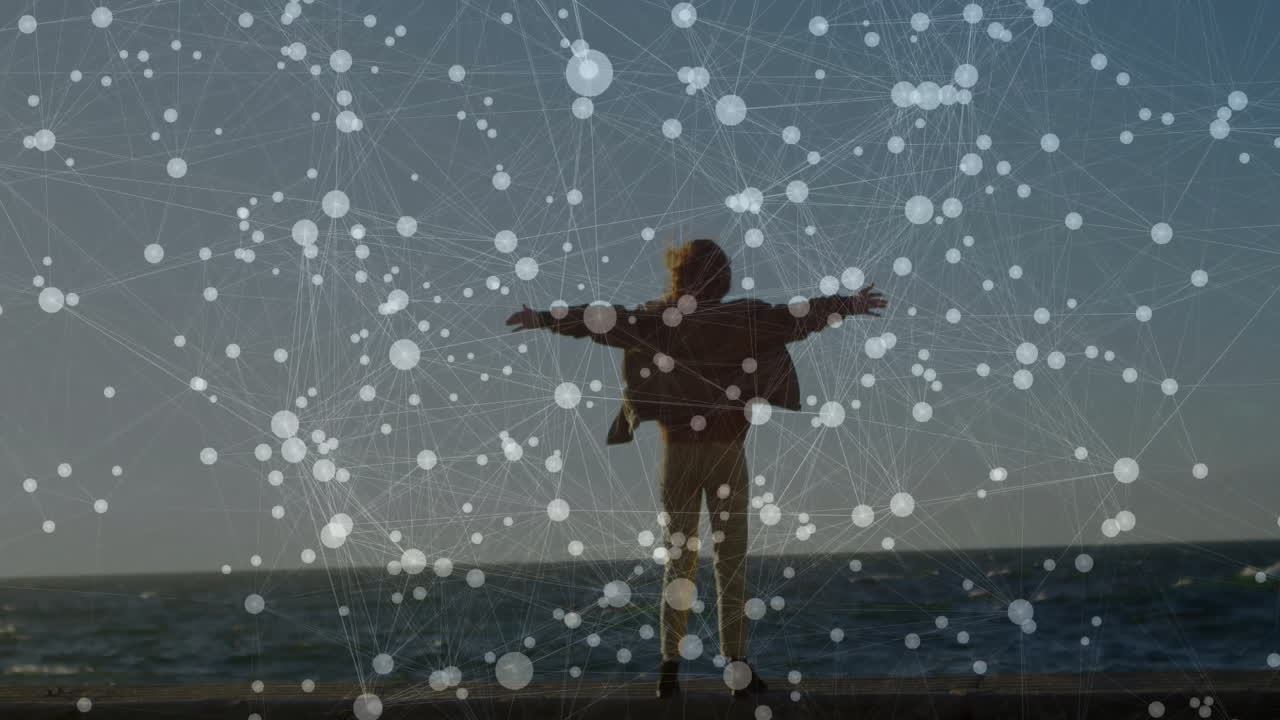 Woman standing on pier overlooking sea, with animated network overlay showing technology connection