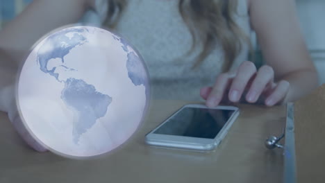 animation of globe with connections over caucasian woman using smartphone