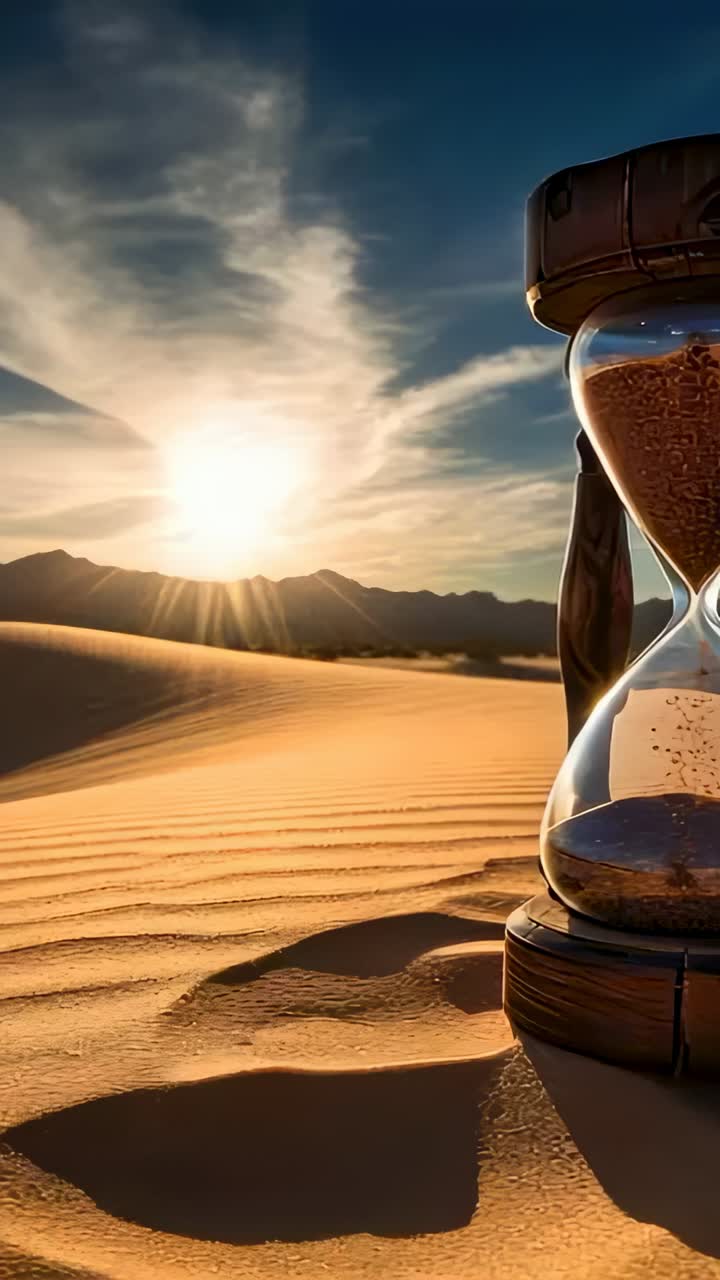 Vertical video: Rotating ornate hourglass pouring sand and symbolizing passing time on desert dunes