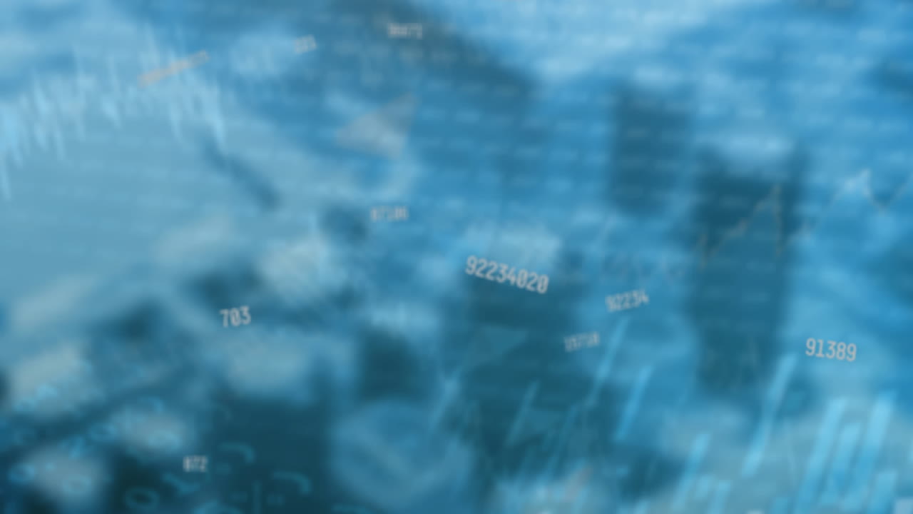 Multiple changing numbers and arrow moving downwards against blue background