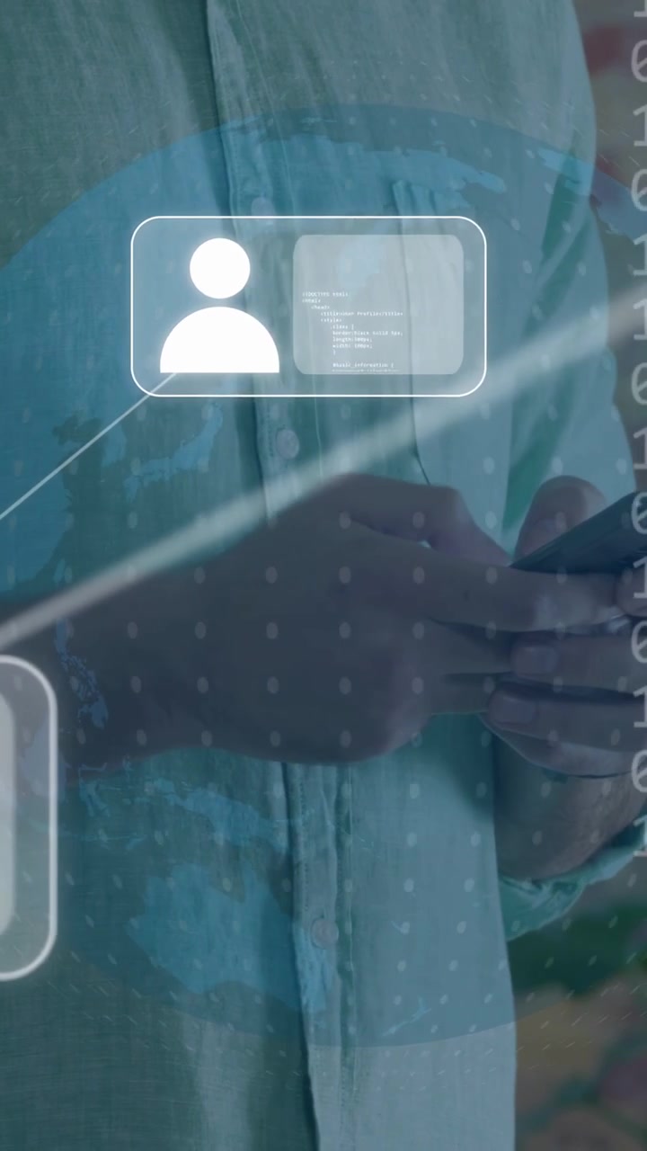 Vertical video: Man tapping phone and swiping animating globe grid with UI cards mapping tech data