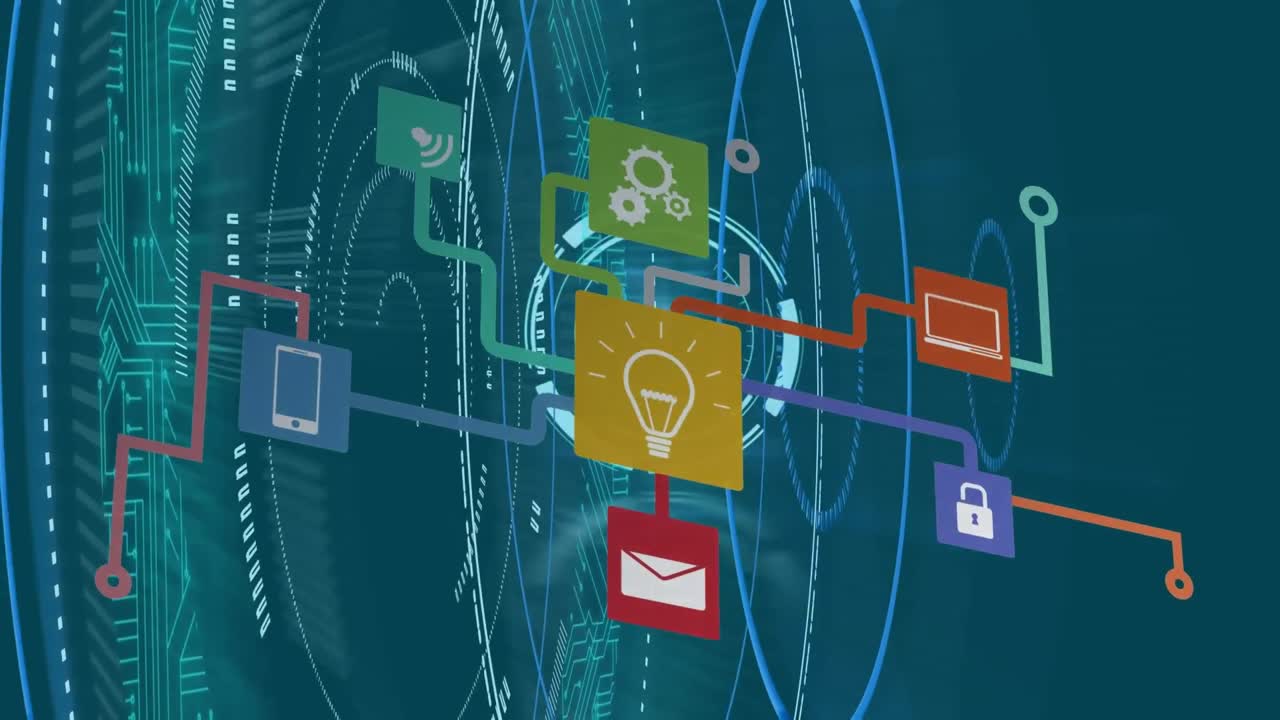 컴퓨터 회로판을 통해 스 ⁇  스캐닝과 데이터 처리의 애니메이션