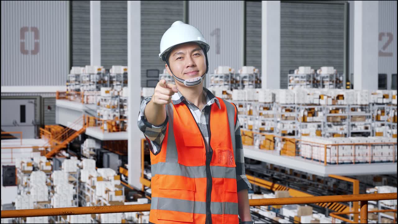 창고 노동자가 가리키고 있습니다.